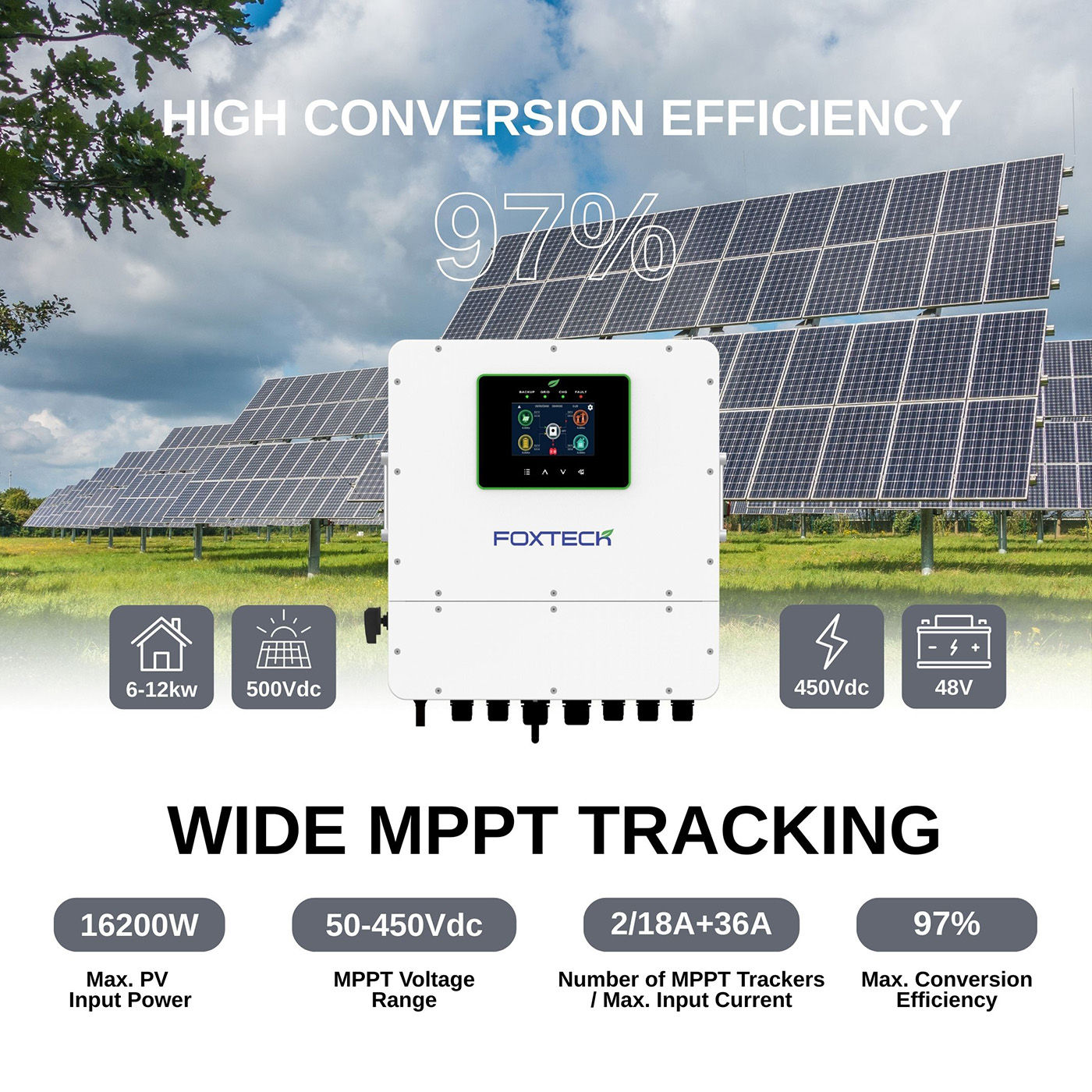 Foxtech On Grid Off Grid Single Phase Solar Inverter IP65 Built-in Wifi 2 MPPT Tracking Max. 9 Units Parallel- 6/8/10/12 7