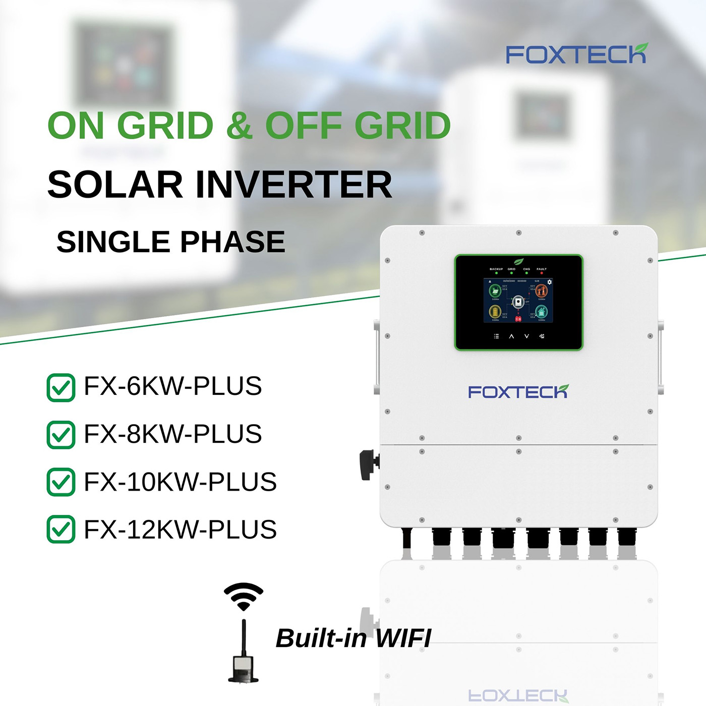 Foxtech On Grid Off Grid Single Phase Solar Inverter IP65 Built-in Wifi 2 MPPT Tracking Max. 9 Units Parallel- 6/8/10/12 5