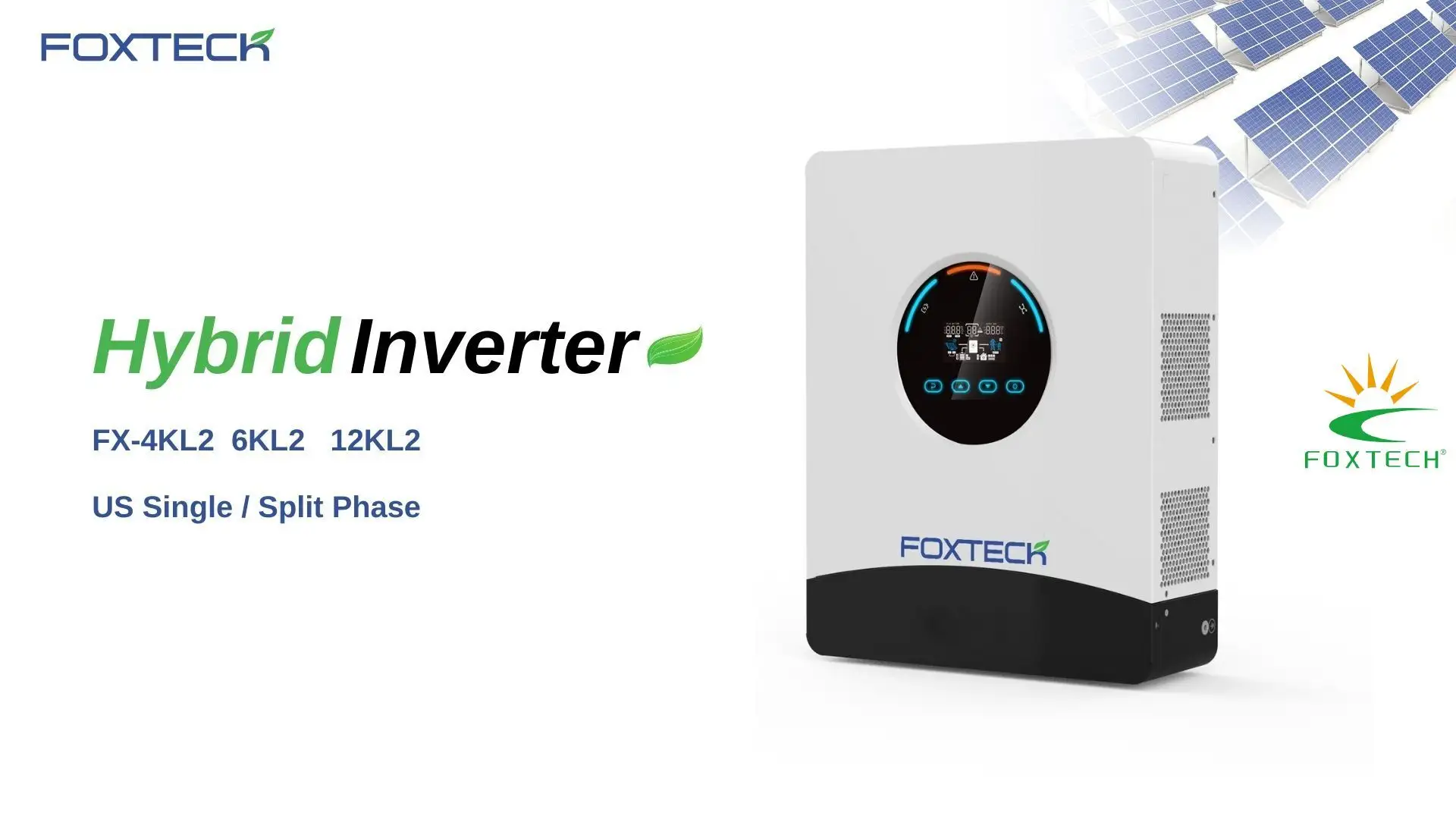 Inversor solar Foxtech de onda senoidal pura para sistemas isolados da rede, com MPPT e BMS, e suporte para operação em paralelo, de 4 a 12 kW. 1