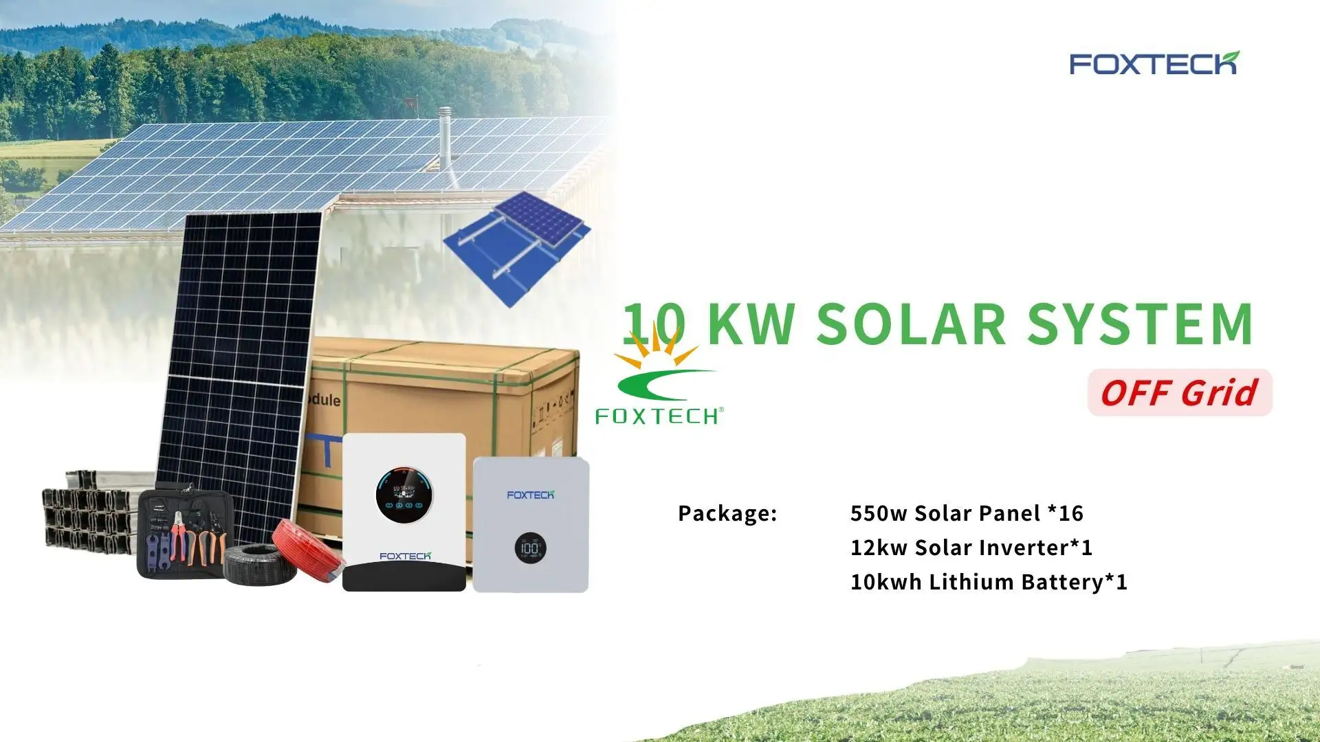 Système solaire de 10 kW avec 16 panneaux monocristallins, onduleur de 12 kW fonctionnant sur réseau ou hors réseau et batterie de 10 kWh 1