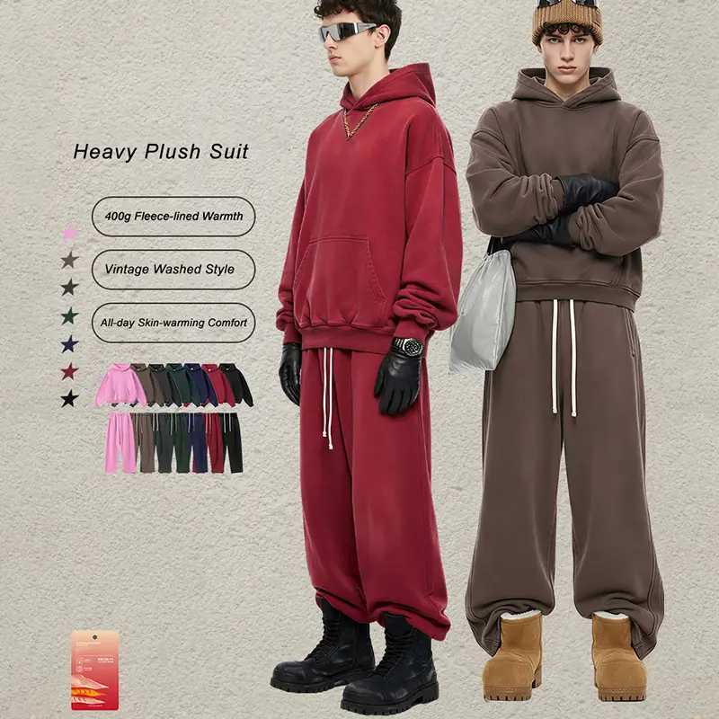 400g Thick Warm Hooded Sweatshirt Men's Vintage Washed Fleece Hoodie 1