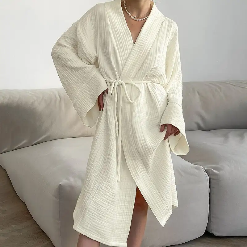 Women's Cotton Breathable Long Robe Tie Front Open Cardigan Loungewear 1