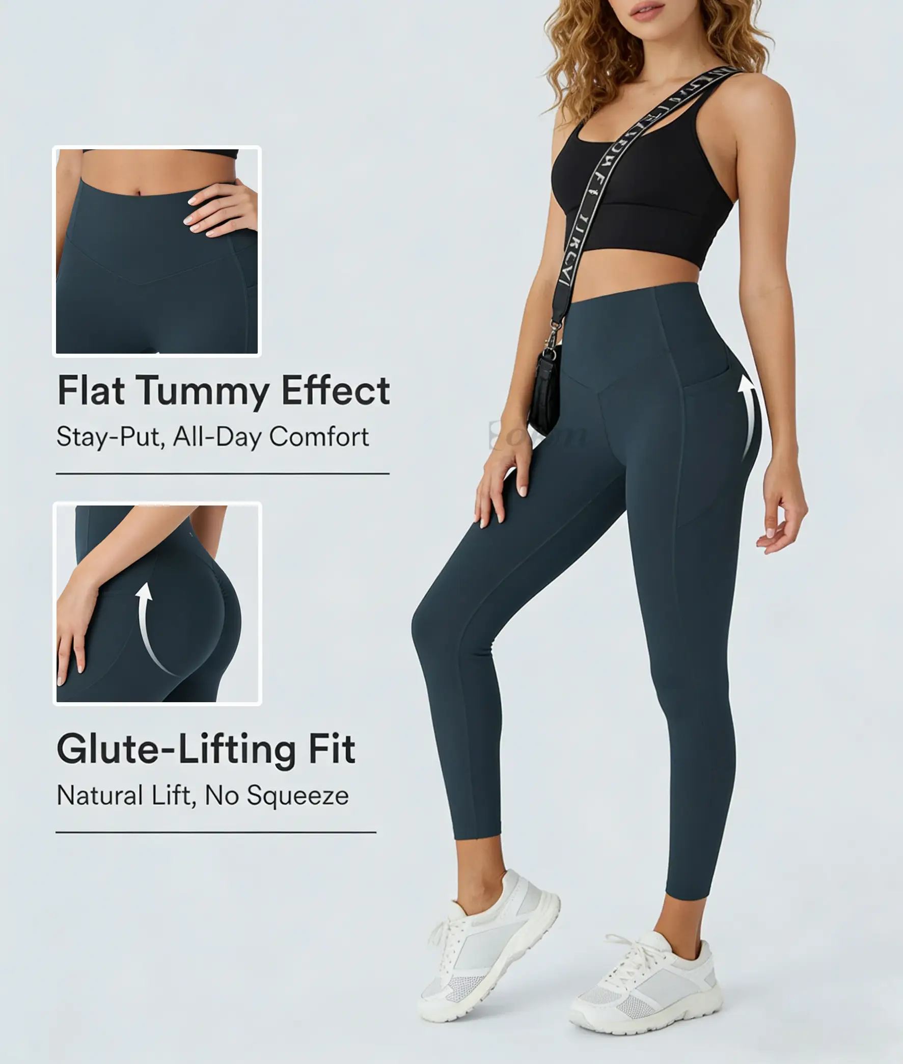 Leggings modeladoras de cintura alta com bolsos fundos para levantar o bumbum e controlar a barriga, ideais para ioga e treino. 1