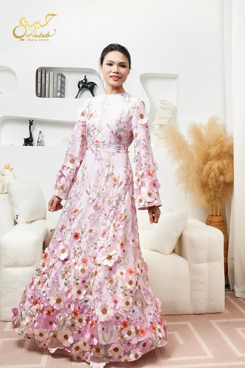 EID Ramadan Spring High Islamic Clothing Breathable Floral Muslim Women Dress 1