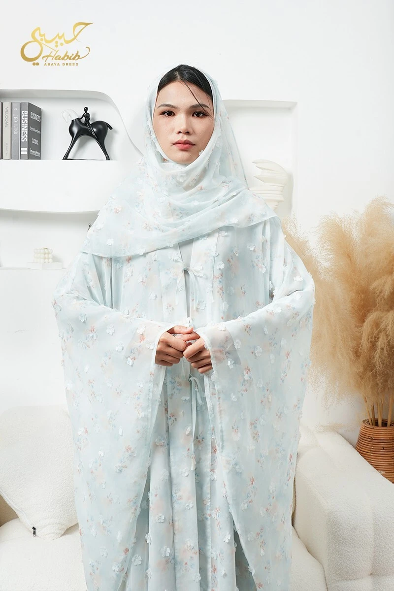 Traditional Muslim Fashion 3 Pieces Floral Print Applique Abaya Set 1