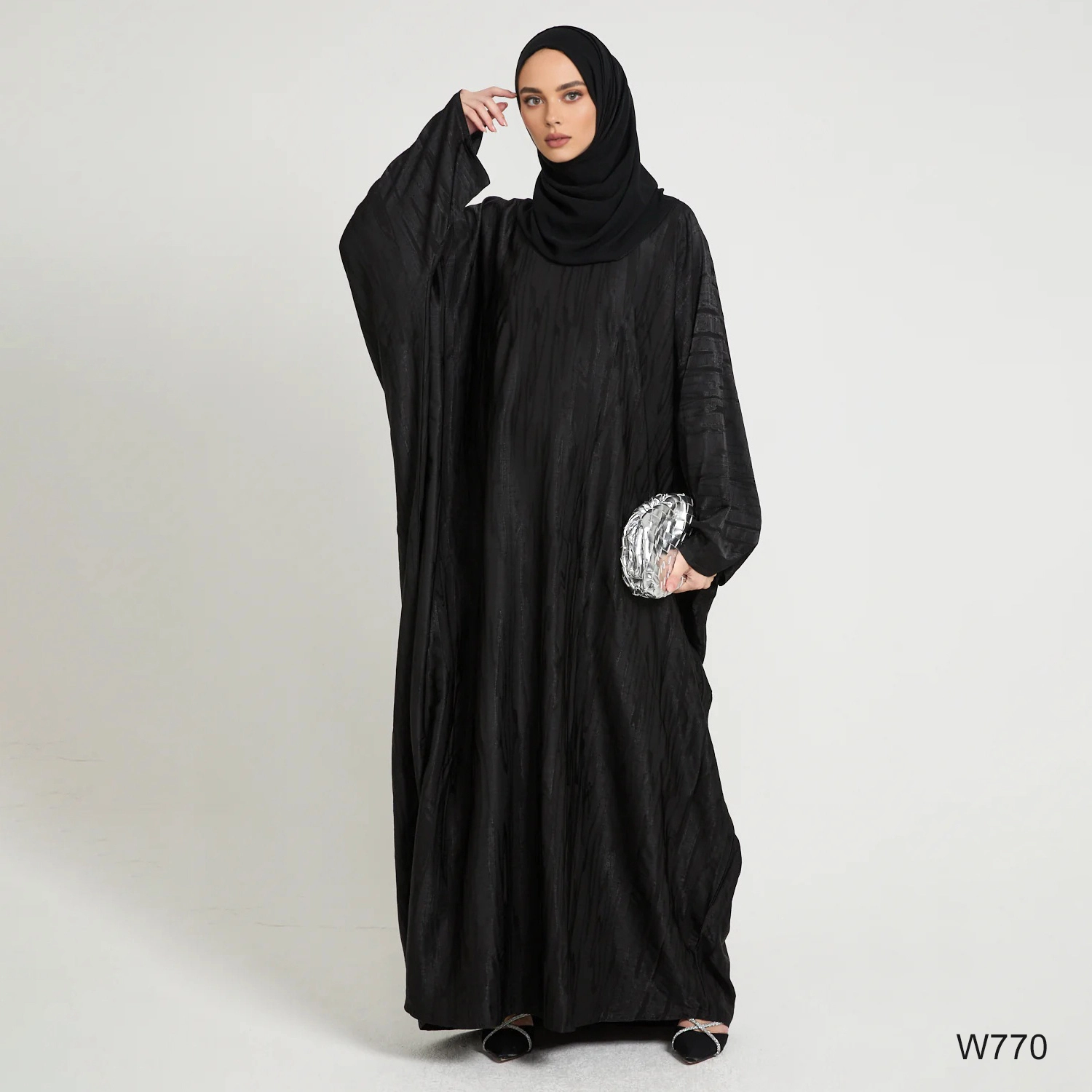 Premium Closed Farasha Abaya Textured Black Butterfly Sleeve 1