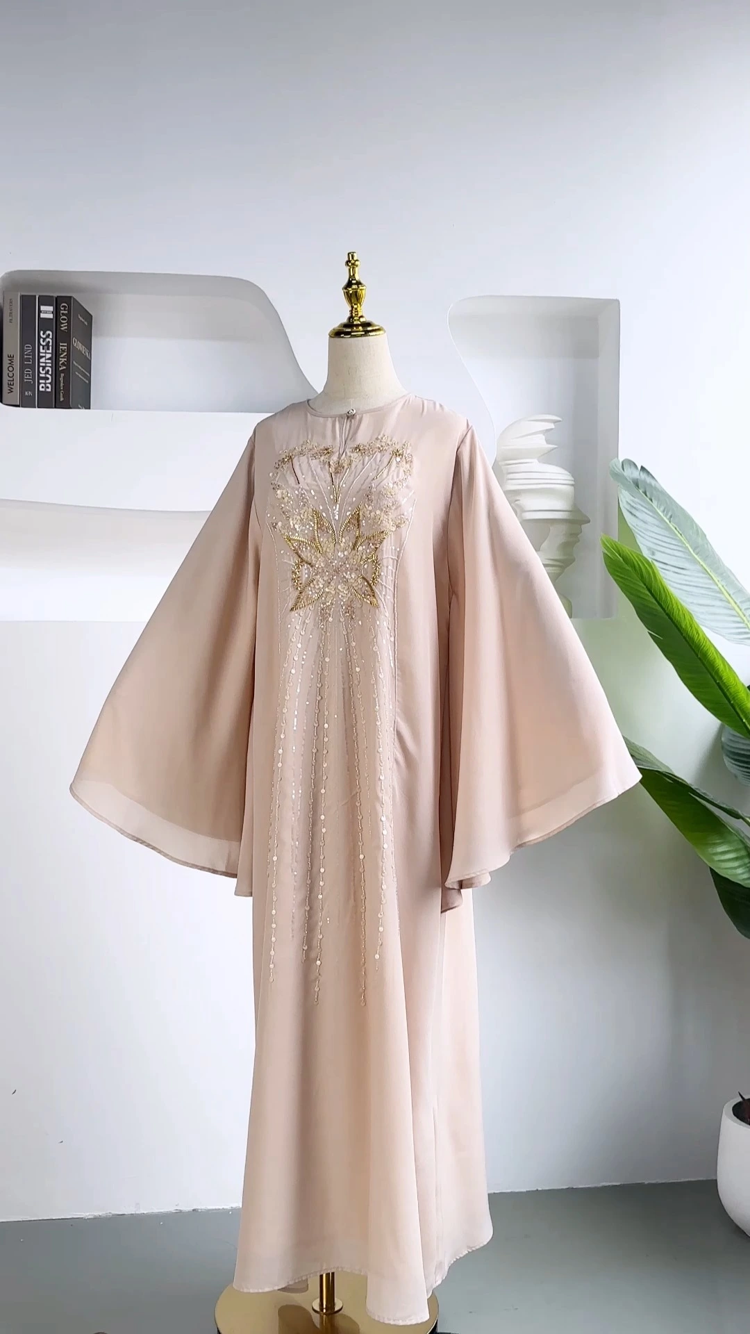 Butterfly Sleeve Abaya Dress Luxury Beaded Design Beige 1