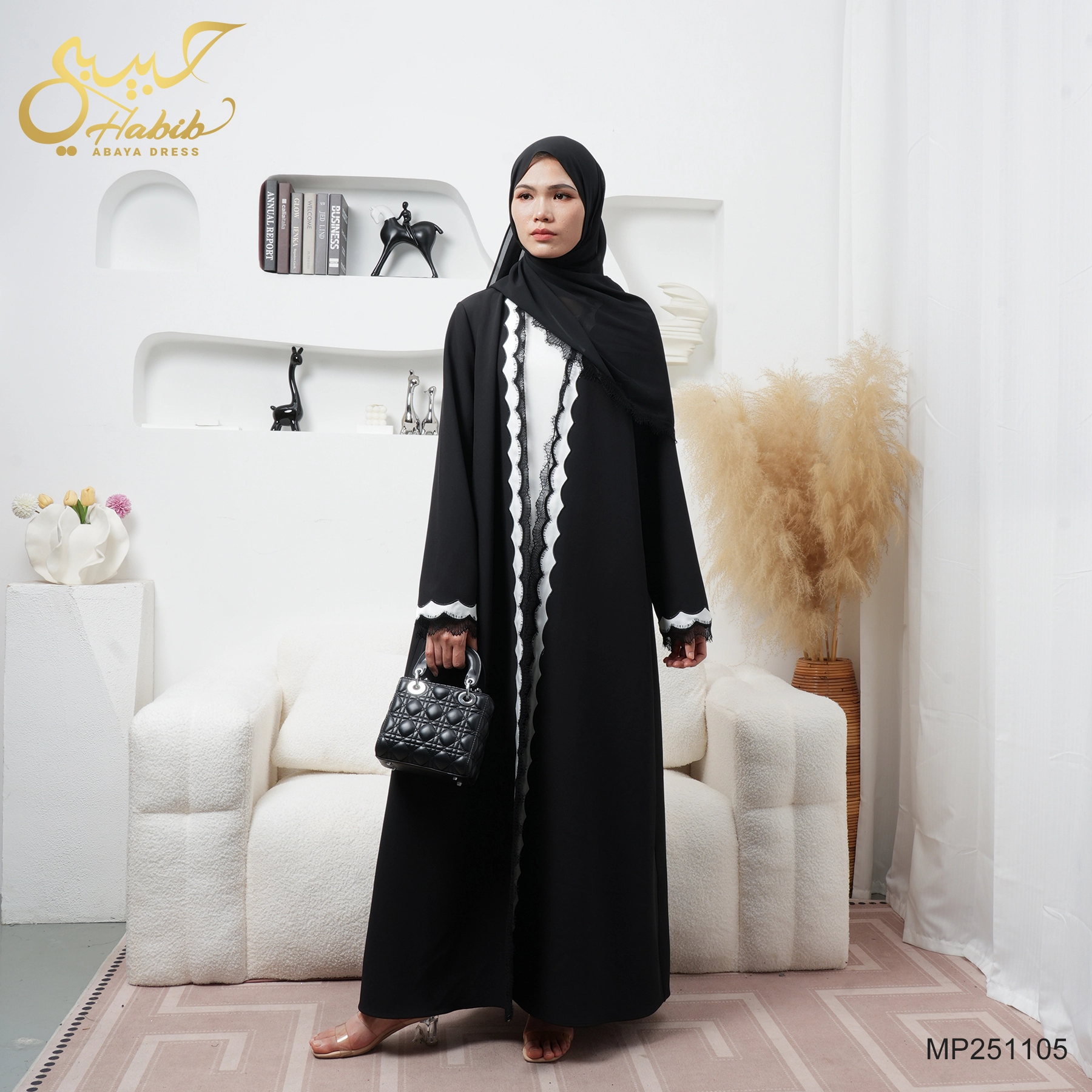 Islamic Black Front Open Abaya with White Wave Stitching 1