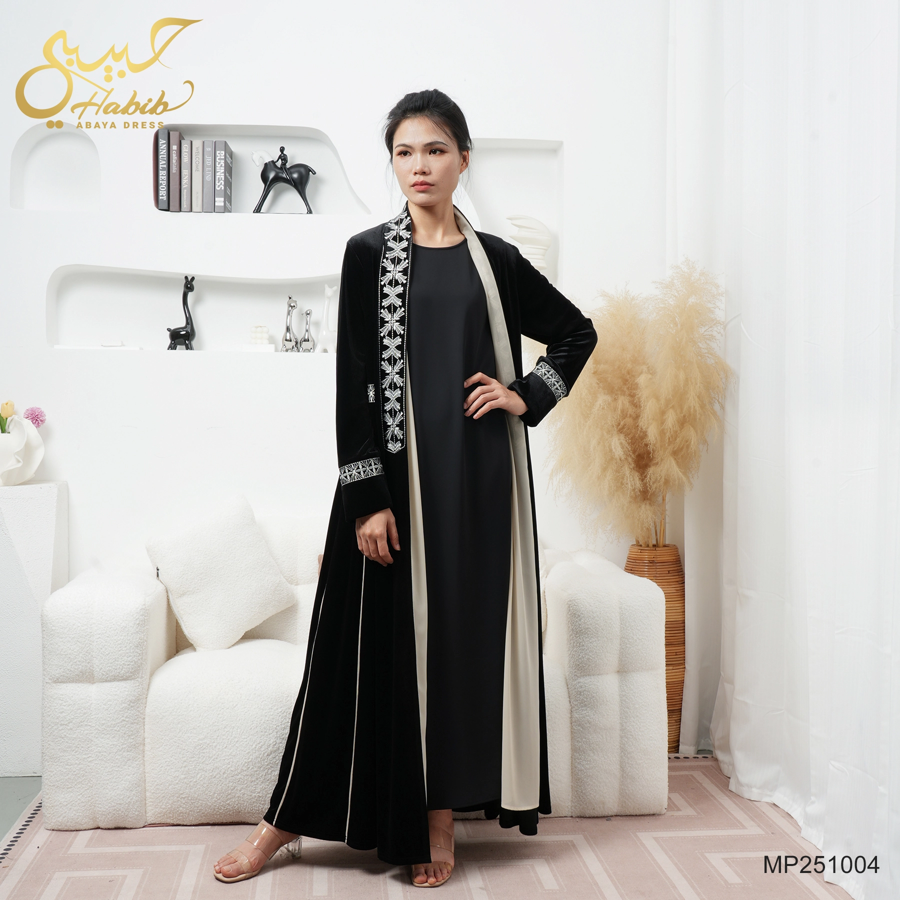 Modest Suede Black Open Abaya Embroidery Kimono Islamic Clothing 1