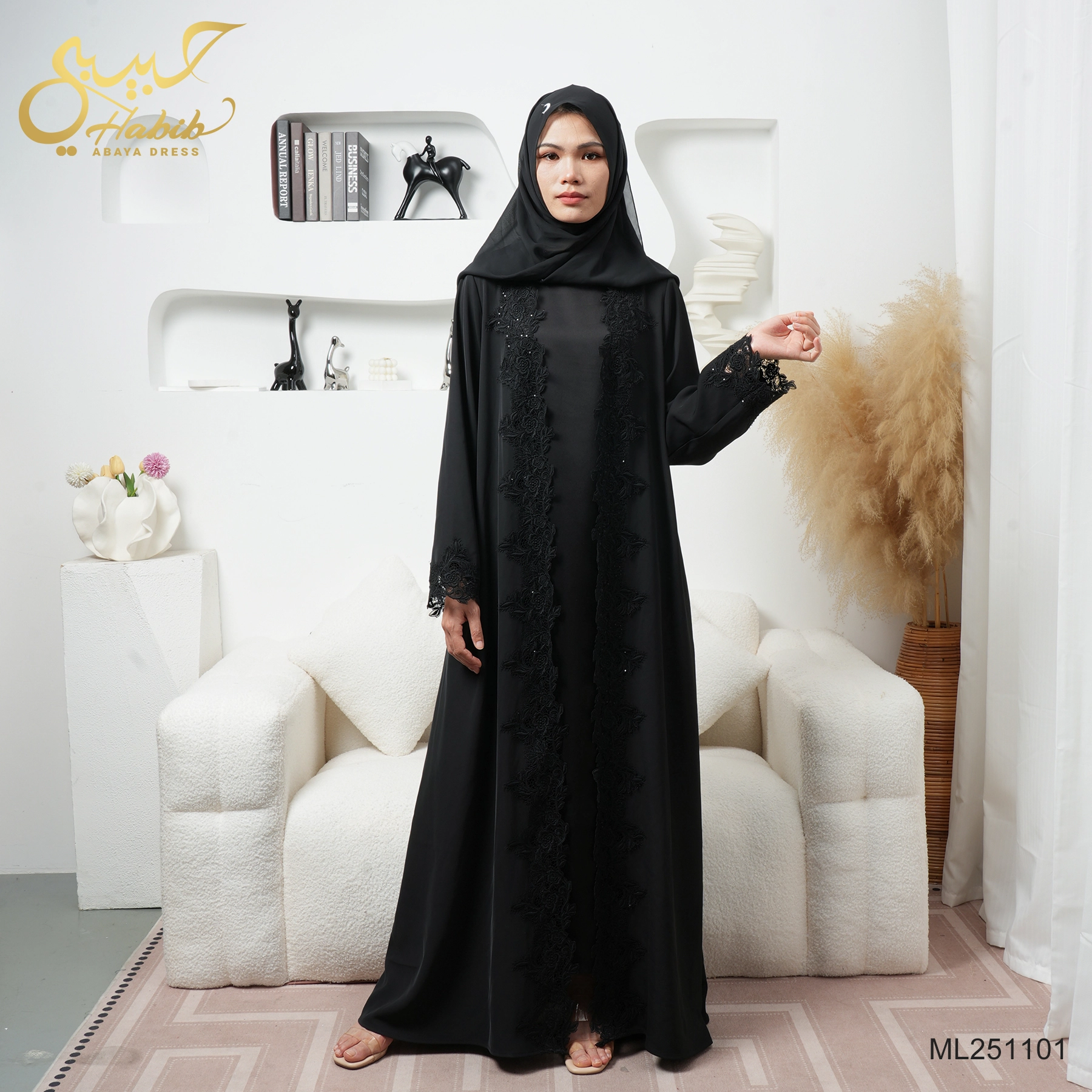 Black Burnout Open Abaya Lace Design Solid Color 1