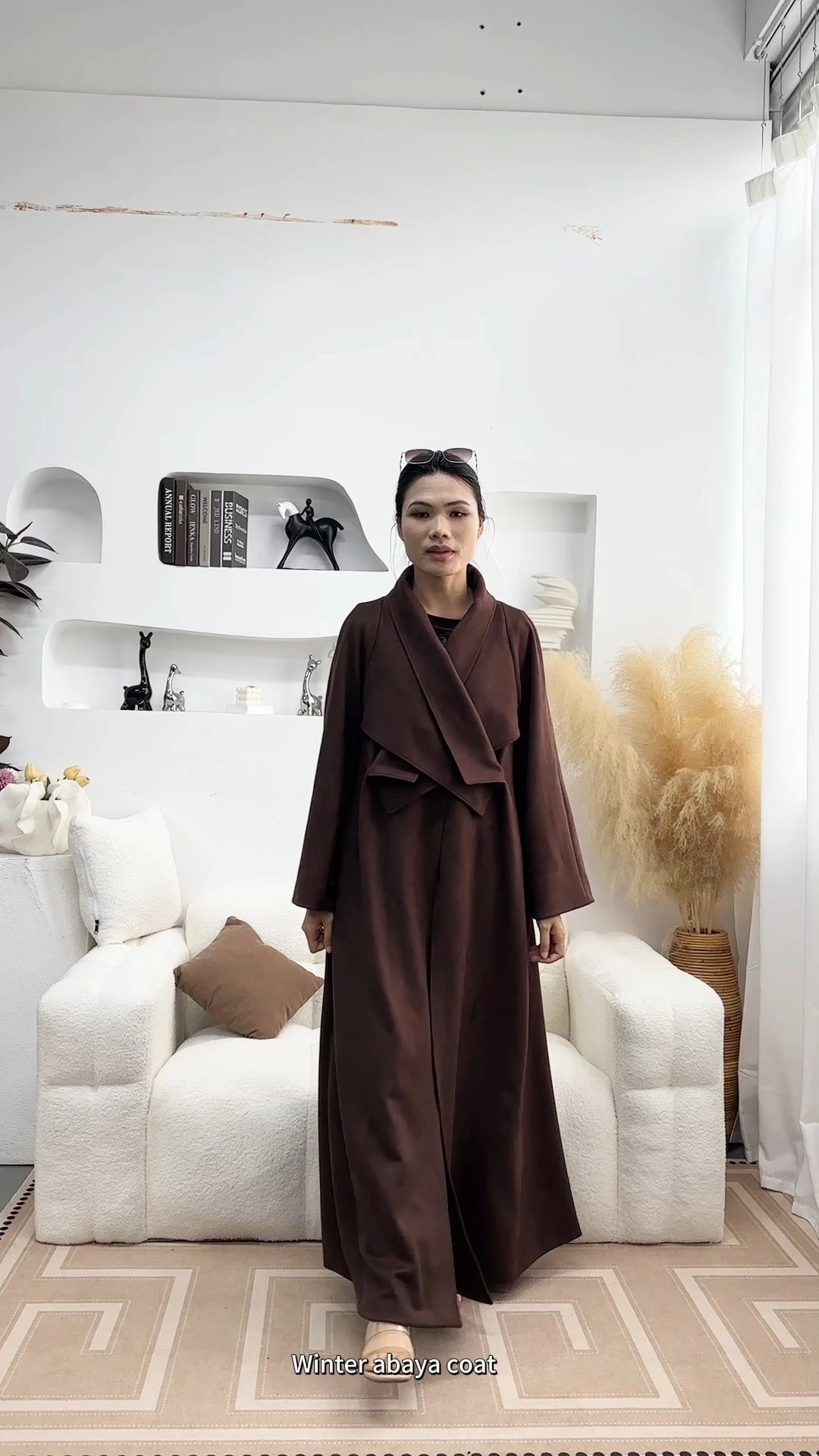 Winter Long Overcoat  Solid Color Brown Cross Button Design Coat Abaya 1