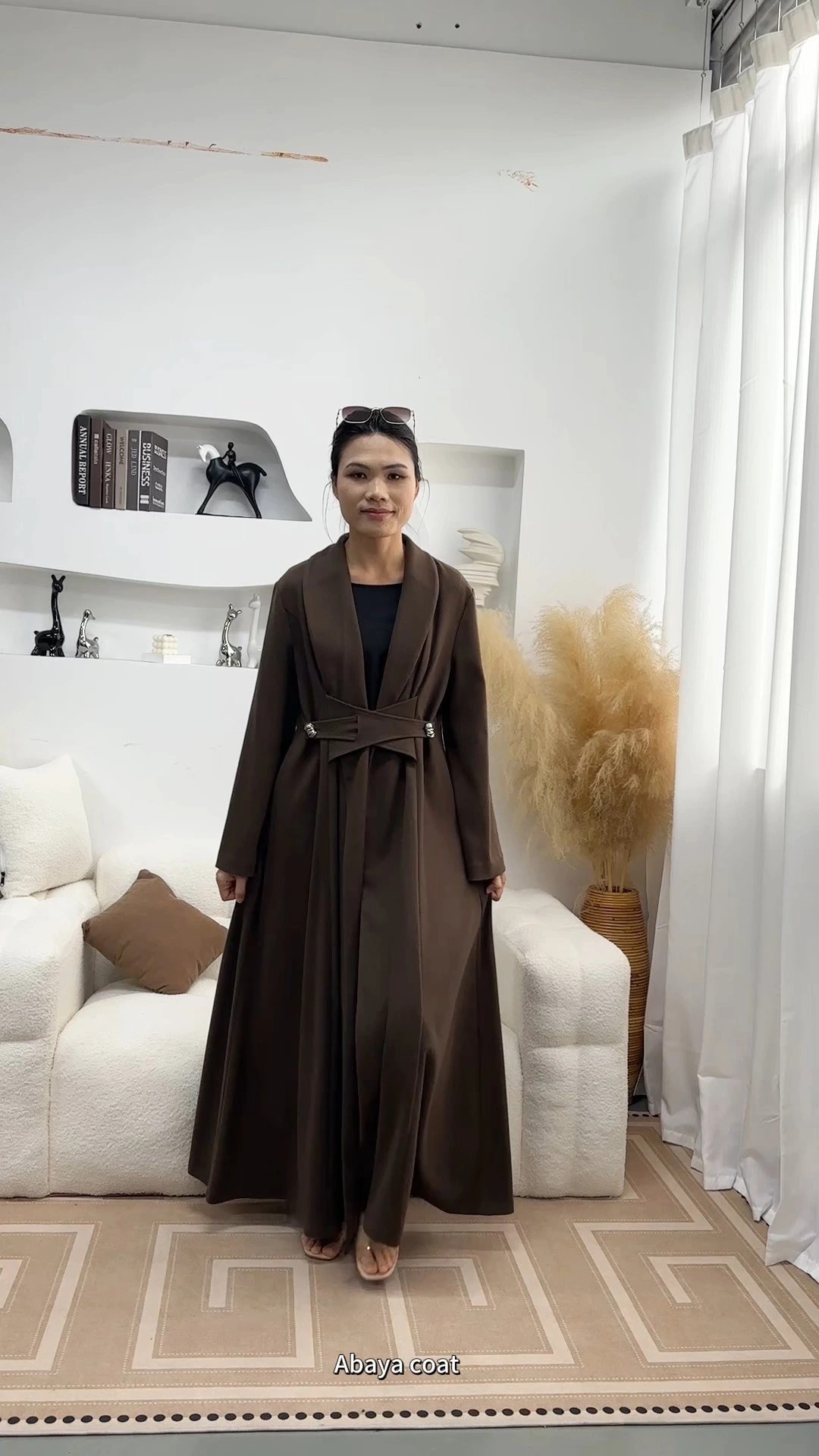 Brown Long Coat Abaya Cross Button Design 2026 Solid Color 1