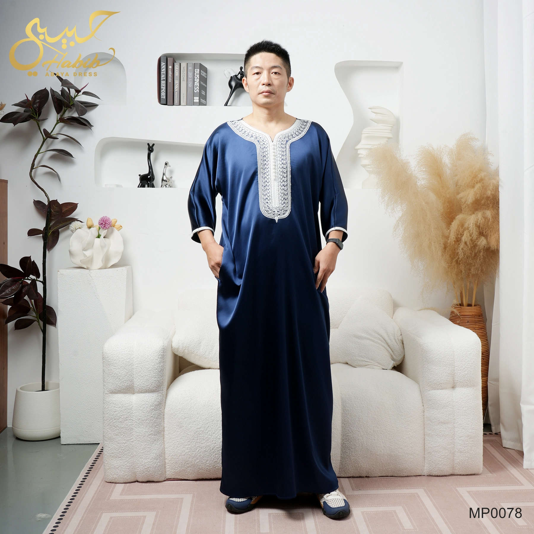 Satin Embroidered Men Thobe Navy Blue 1