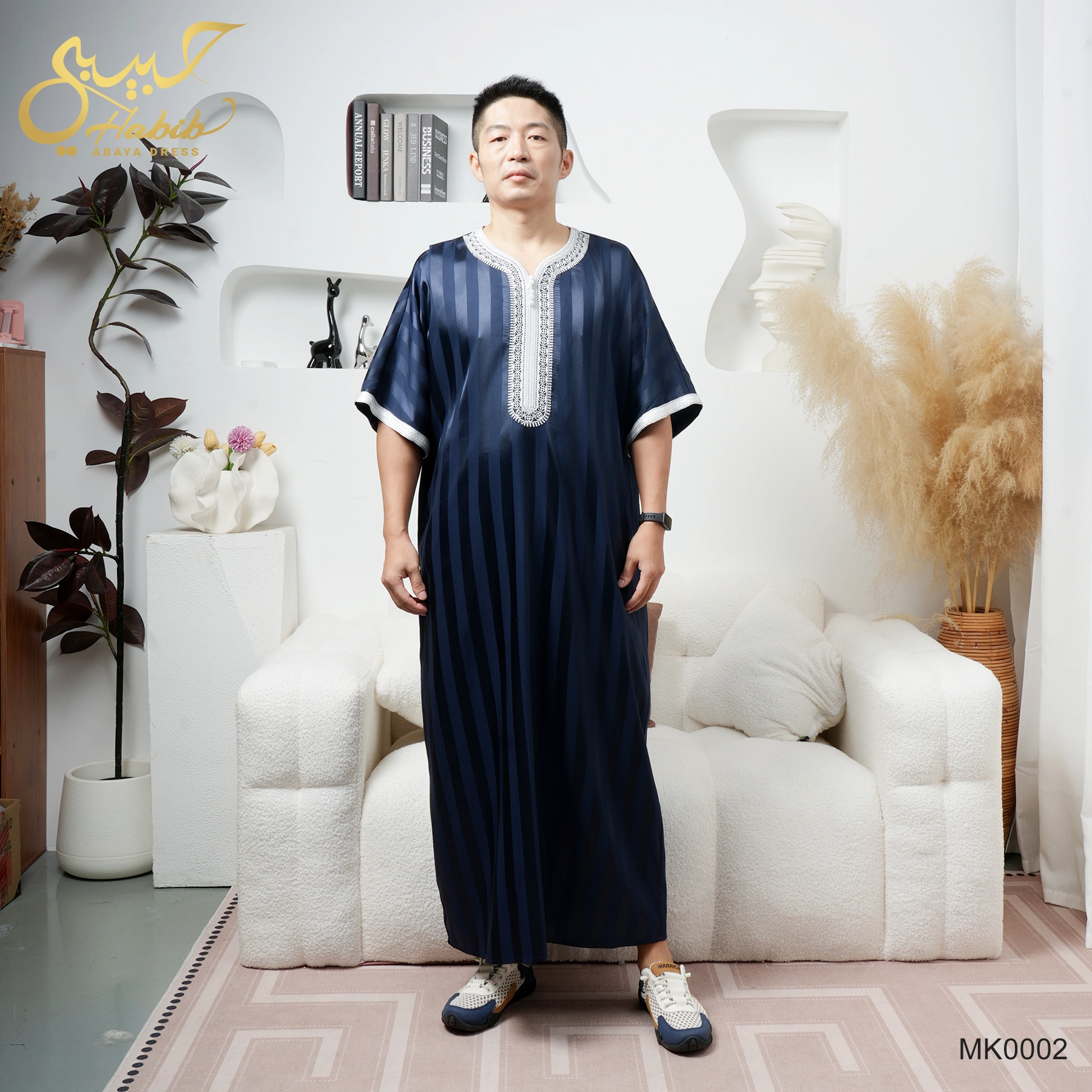 Muslim Men Stripes Satin Jubba Thobe Middle East 1