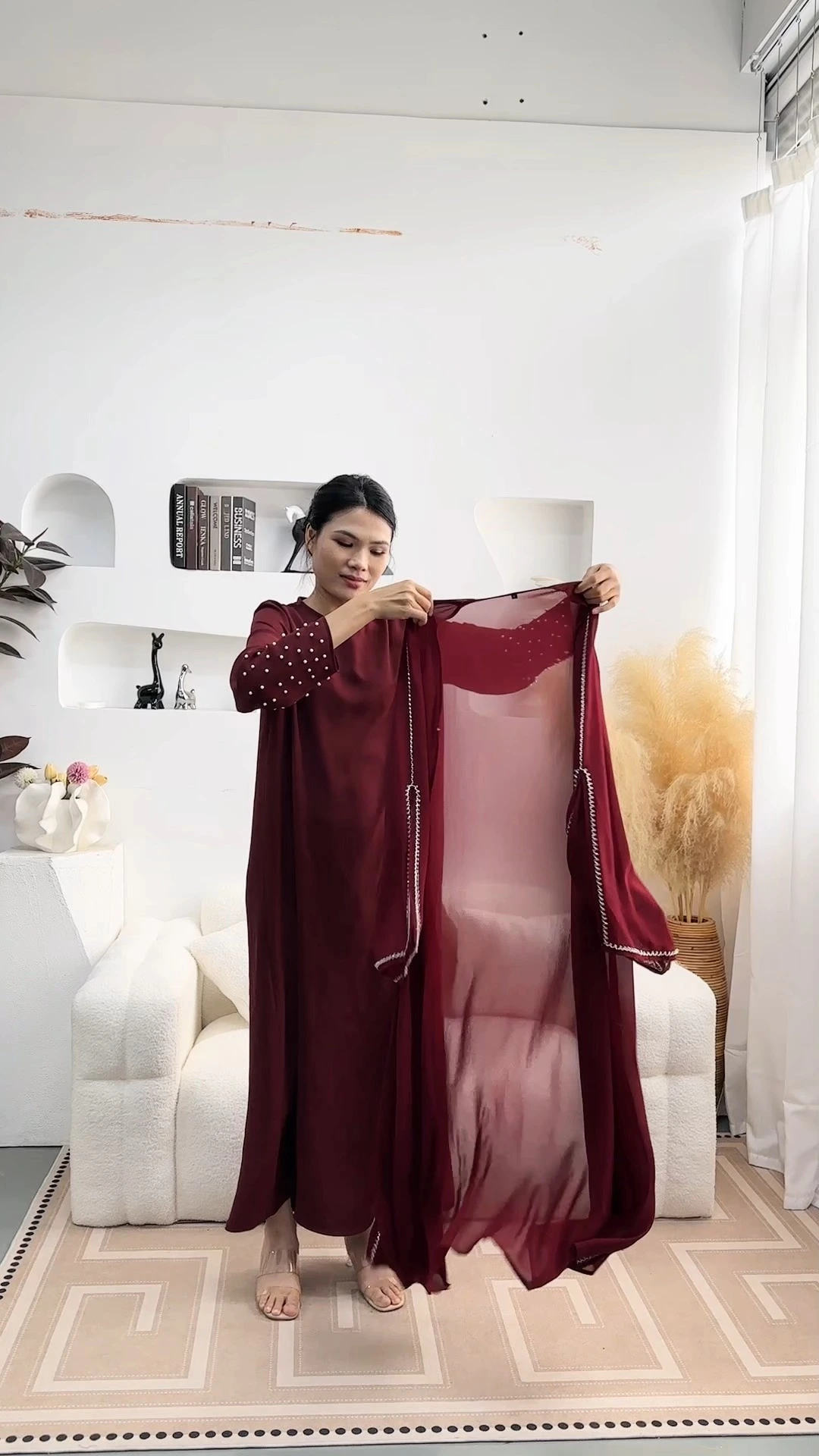 Elegant Modest Diamond Beaded Red Open Abaya Dress Set 1