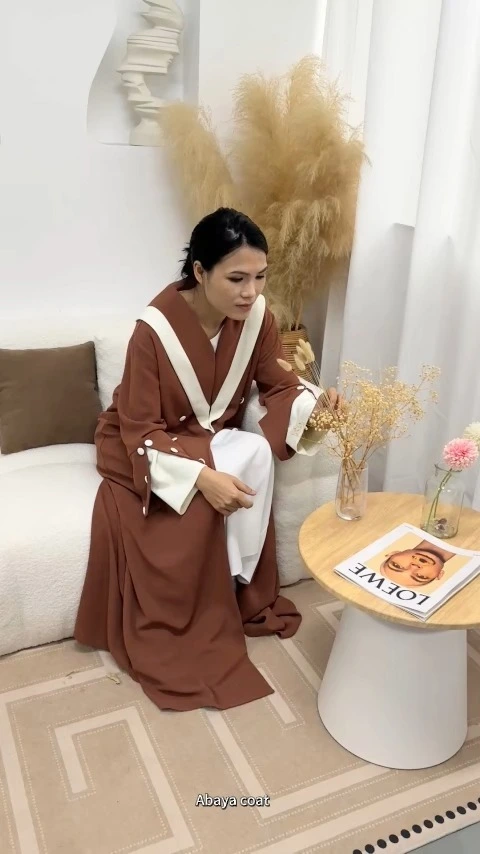 Modest Style Brown White Open Abaya Dubai 1