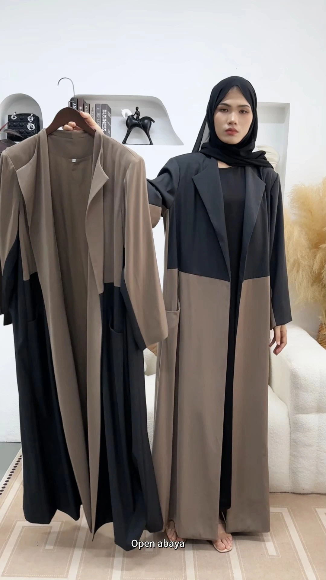 Colorblock Two Tone Open Front Abaya Coat for Muslim Women 1