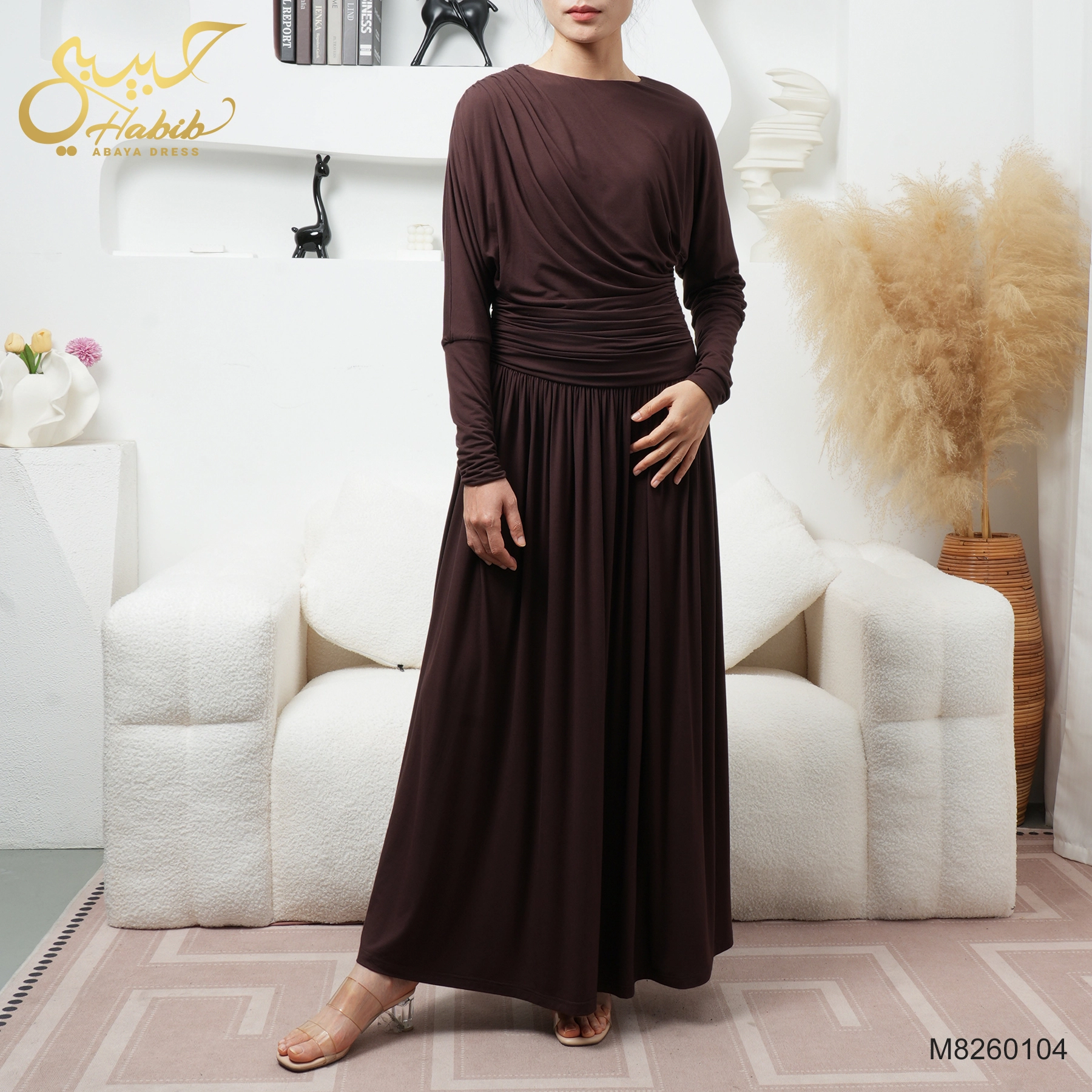 Elegant Brown Ruched Muslim Abaya Dress 1