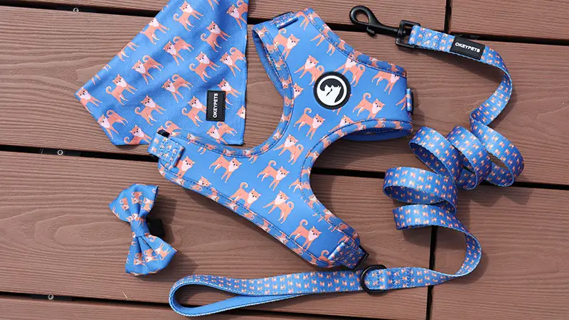 OKEYPETS Ensemble harnais et laisse de luxe personnalisé pour chiot, avec sac à déjections canines ajustable, bandana et néoprène respirant. 1