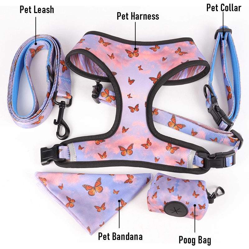 OKEYPETS Ensemble harnais pour chien souple et réglable avec bandana et porte-sacs à déjections canines en néoprène 7