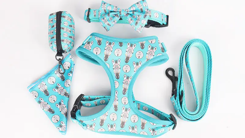 OKEYPETS Custom Logo Lake Blue Sublimation Zebra Patterns Neoprene Dog Collars Leashes and Harnesses Set 1