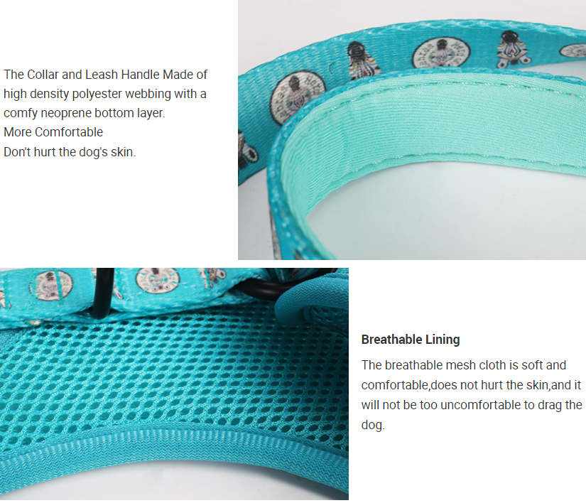 OKEYPETS Custom Logo Lake Blue Sublimation Zebra Patterns Neoprene Dog Collars Leashes and Harnesses Set 14