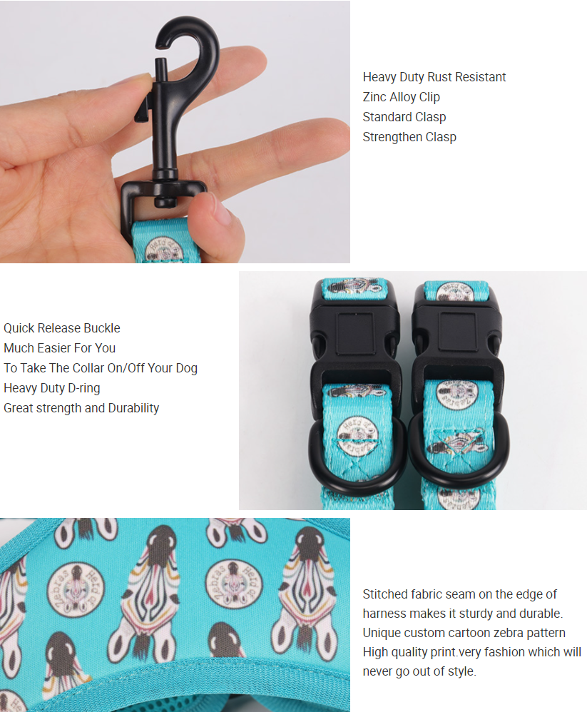 OKEYPETS Custom Logo Lake Blue Sublimation Zebra Patterns Neoprene Dog Collars Leashes and Harnesses Set 13