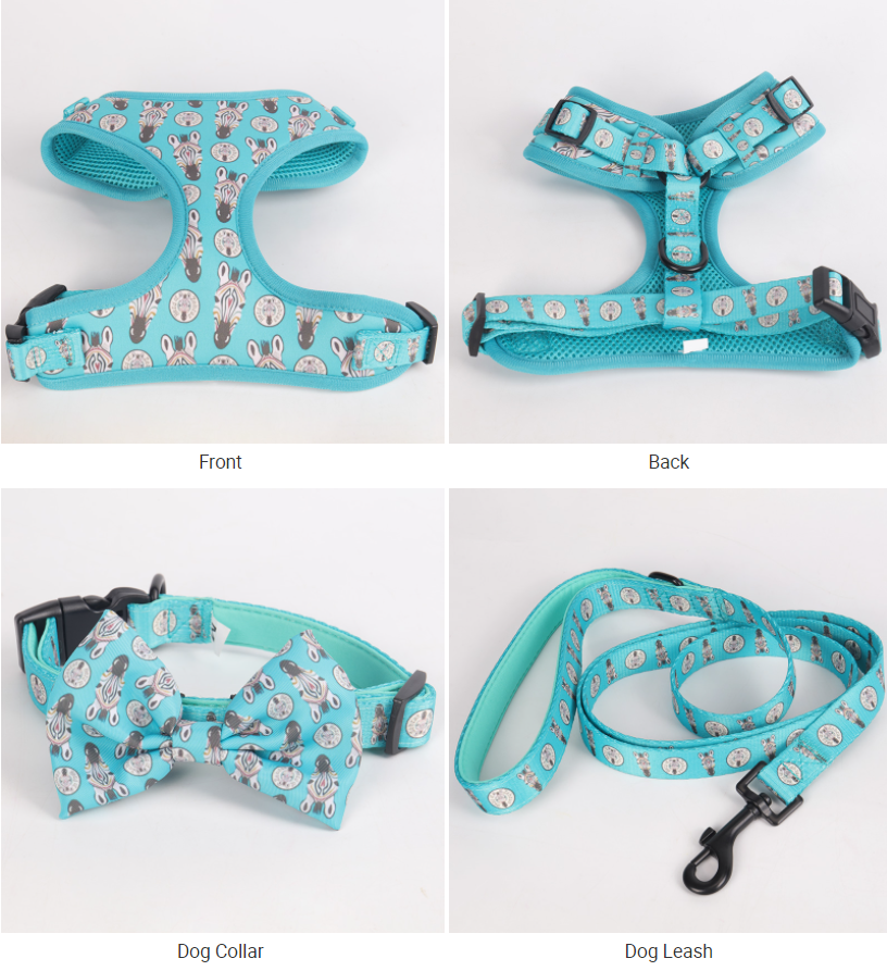 OKEYPETS Custom Logo Lake Blue Sublimation Zebra Patterns Neoprene Dog Collars Leashes and Harnesses Set 11