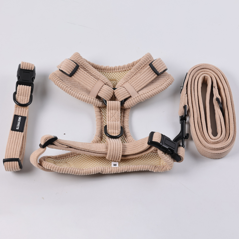 OKEYPETS Ensemble harnais pour chien en velours côtelé beige, harnais en maille pour promener le chien 8