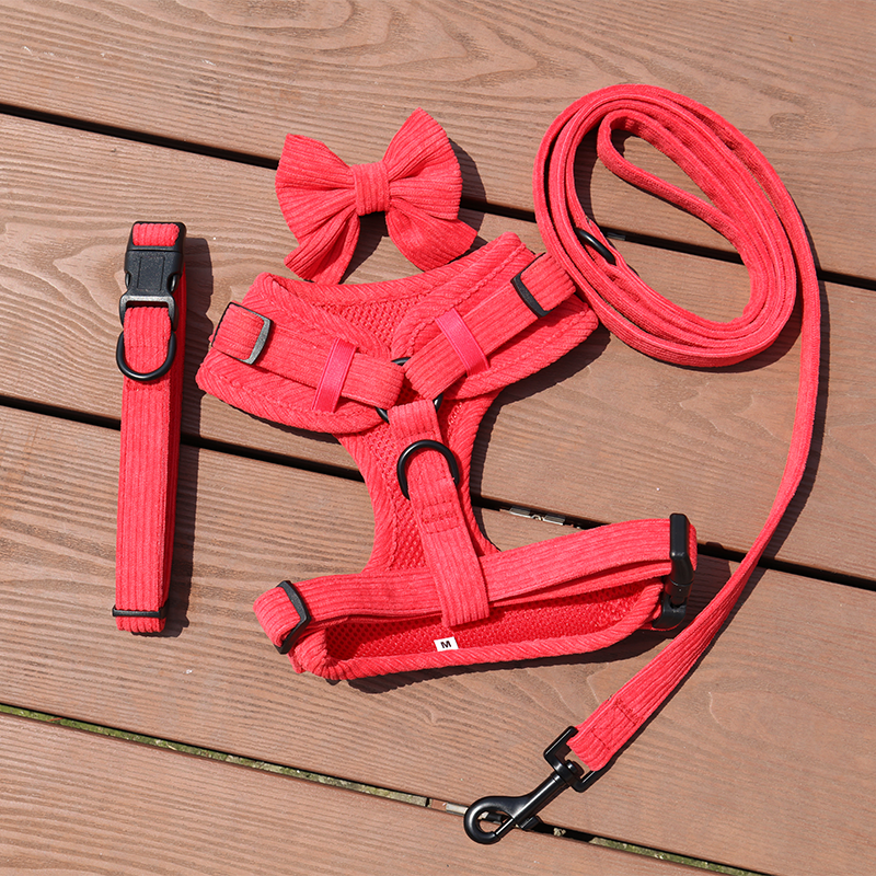 OKEYPETS - Échantillon disponible : ensemble collier, harnais, laisse et sac à déjections canines réglables en velours côtelé souple avec boucle métallique et nœud papillon. 7