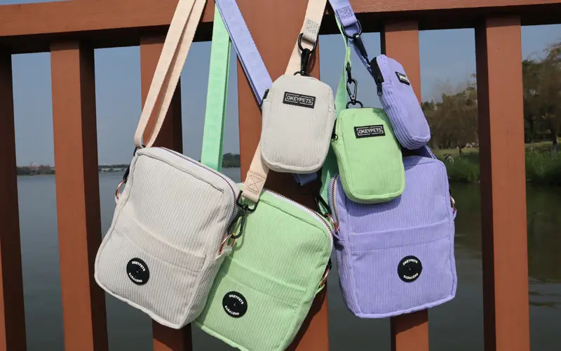 OKEYPETS Custom Designer Printing Strap Travel Pet Treat Pouch Corduroy Crossbody Walking Bag Dog Training Treat Bag 1