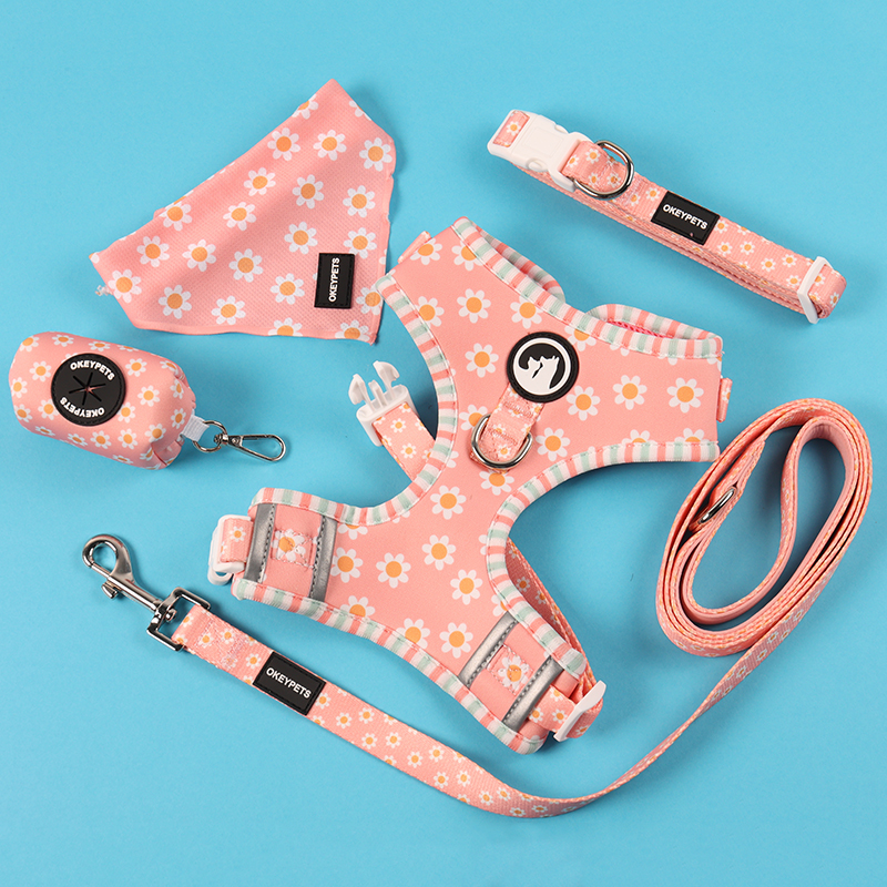 Rózsaszín kutyahám mellény szett elülső klipsz fényvisszaverő kutyahám nyakörv póráz kis-közepes fajtájú háziállatoknak 8