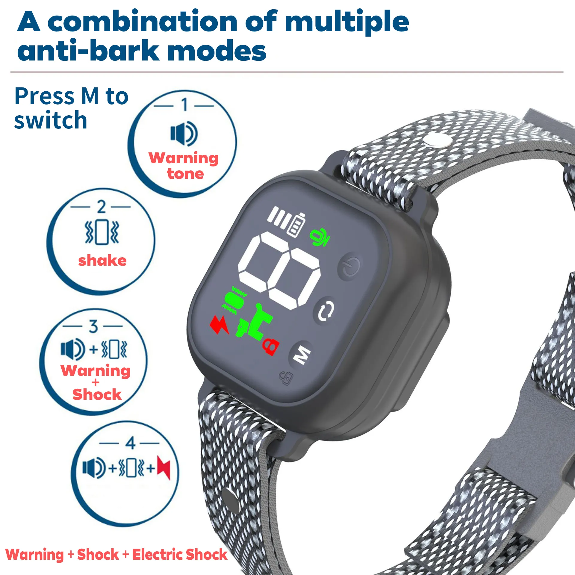 スマート吠え防止首輪（4つのモード付き、IP67防水） - ナイロン製犬用首輪 4