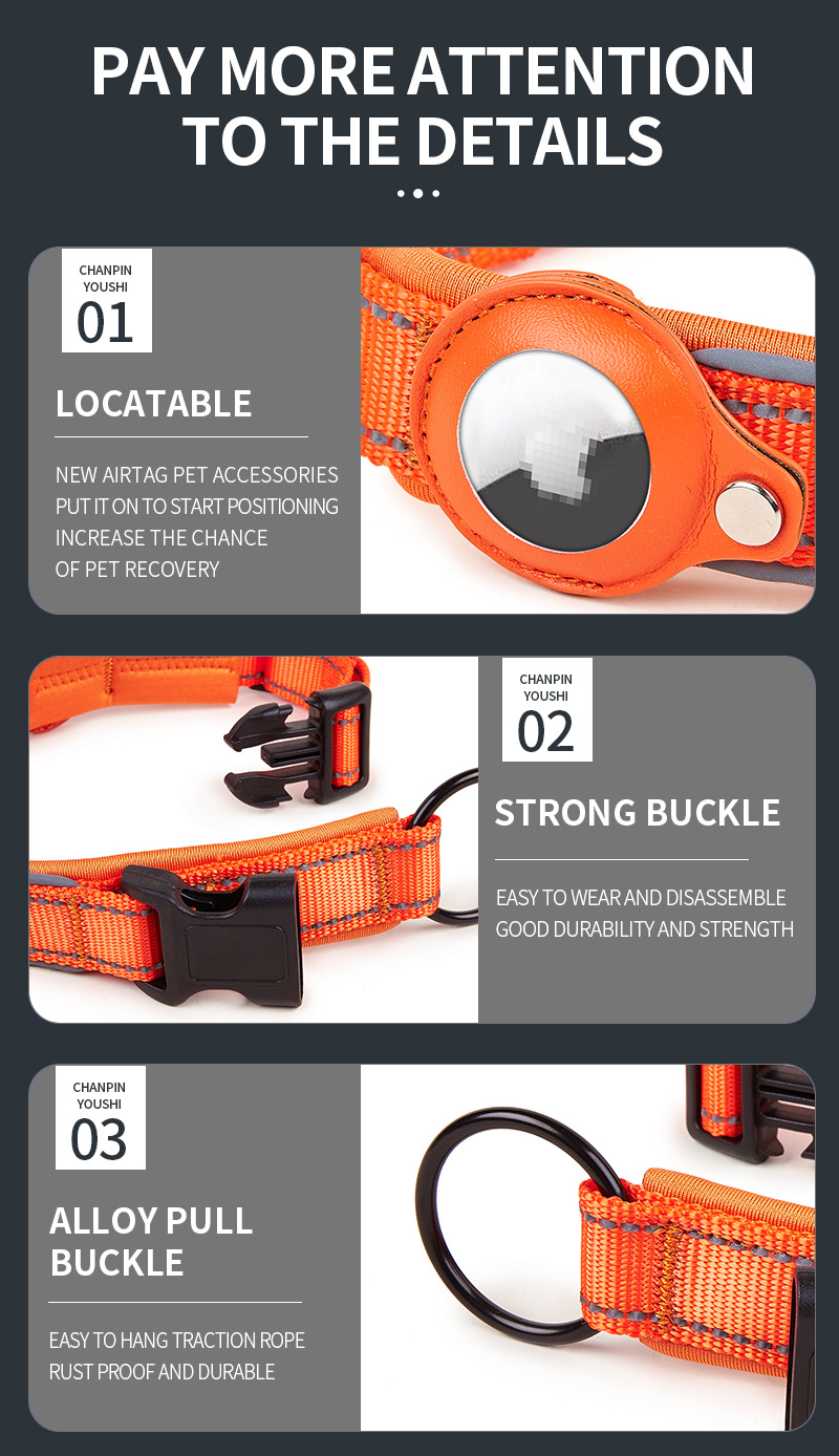 Ensemble collier et laisse pour chien Airtag en nylon coloré et réfléchissant, avec porte-étiquette Airtag. Vente en gros. 20