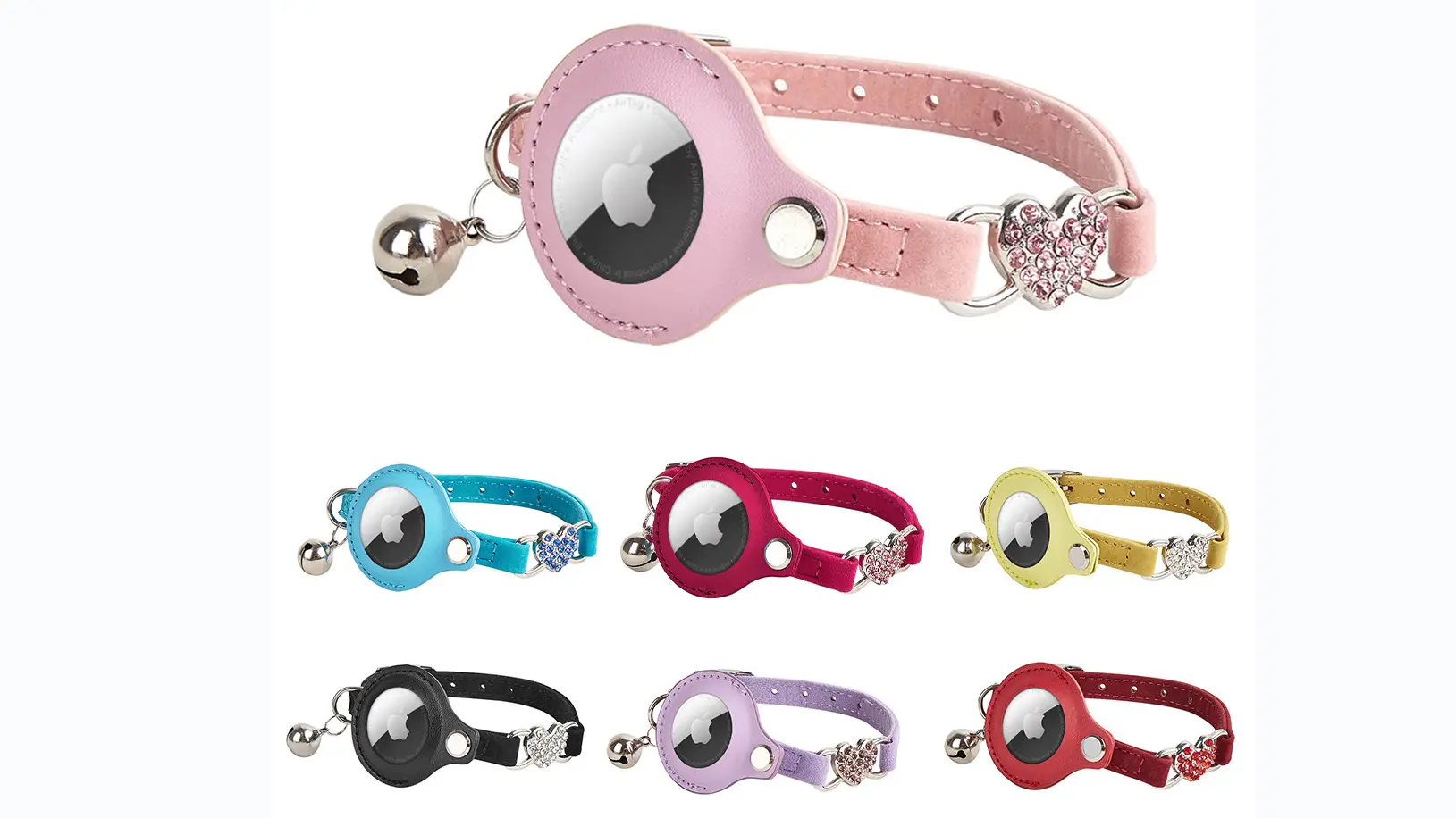 Collier pour chat Airtag en stock. Collier de sécurité multicolore avec porte-étiquette Airtag en forme de pomme et clochette. 1