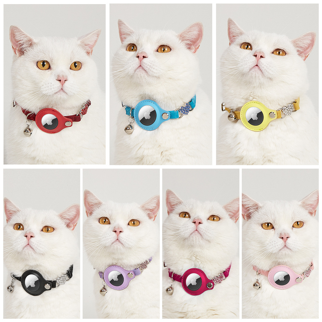 Collier pour chat Airtag en stock. Collier de sécurité multicolore avec porte-étiquette Airtag en forme de pomme et clochette. 18