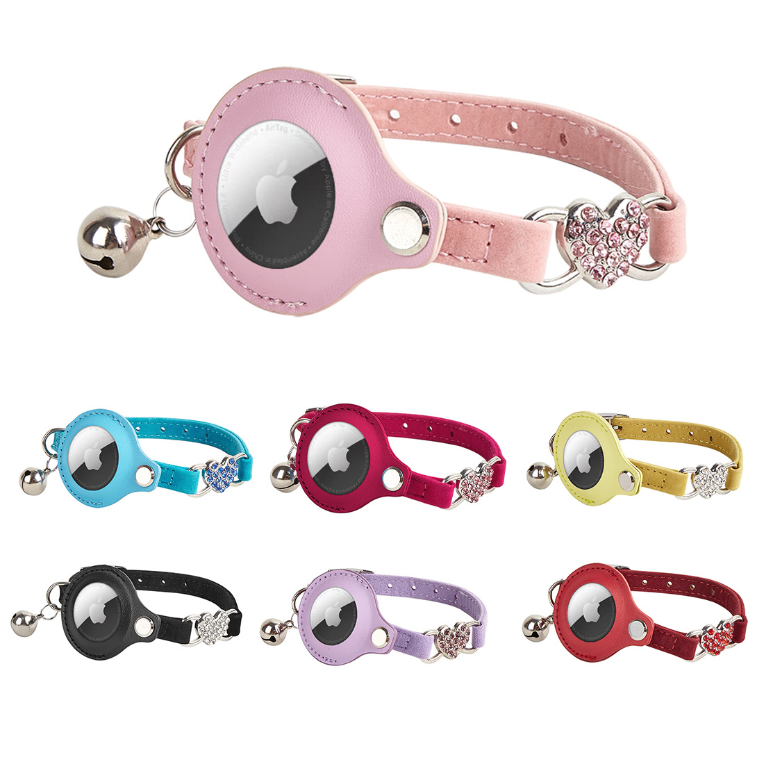 Collier pour chat Airtag en stock. Collier de sécurité multicolore avec porte-étiquette Airtag en forme de pomme et clochette. 8
