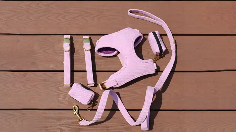 Ensemble harnais pour chien confortable en velours côtelé rose 1