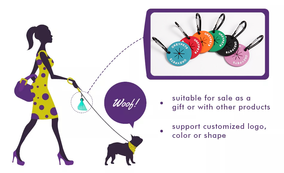 OKEYPETS - Egyedi logóval ellátott kerek szilikon kutyakaki zacskó tartó, hordozható kéznyomattal, PVC kaki zacskó tartó klipsz, kaki zacskó tartó klipsz 8