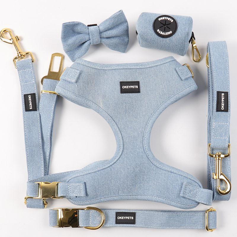 OKEYPETS Ensemble de harnais sur mesure, design ajustable, confortable, en jean pour animaux de compagnie, ensemble de harnais en denim pour chien sur mesure 8