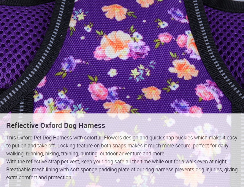 Harnais pour chien OKEYPETS de qualité OEM, imprimé floral violet réfléchissant, facile à contrôler, idéal pour l'entraînement des grands chiens. Qualité directe d'usine. Idéal pour les grands chiens. 8