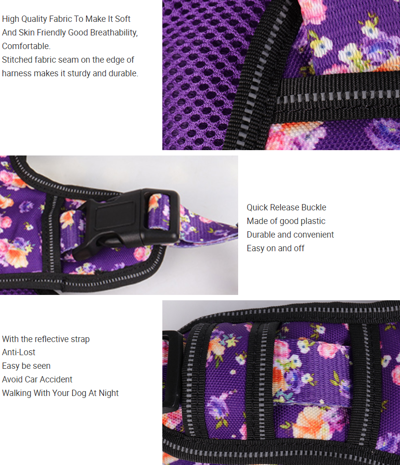 Harnais pour chien OKEYPETS de qualité OEM, imprimé floral violet réfléchissant, facile à contrôler, idéal pour l'entraînement des grands chiens. Qualité directe d'usine. Idéal pour les grands chiens. 16