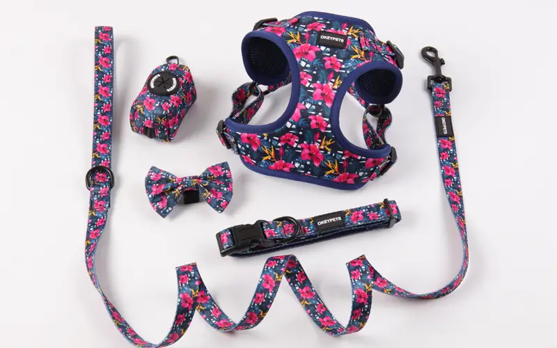 OKEYPWTS Nouveau design Harnais pour chien One Step In personnalisé en néoprène polyester avec logo imprimé Ensemble de harnais mignon One Step In 1