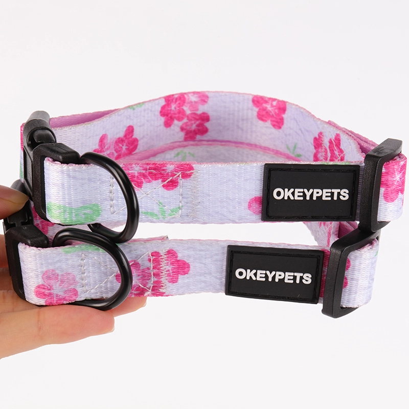 OKEYPETS Collier pour chien personnalisé, ajustable et confortable en polyester rose imprimé de fleurs 8