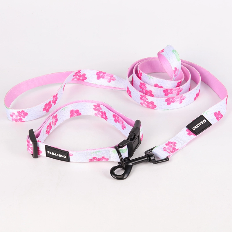 OKEYPETS Collier pour chien personnalisé, ajustable et confortable en polyester rose imprimé de fleurs 15