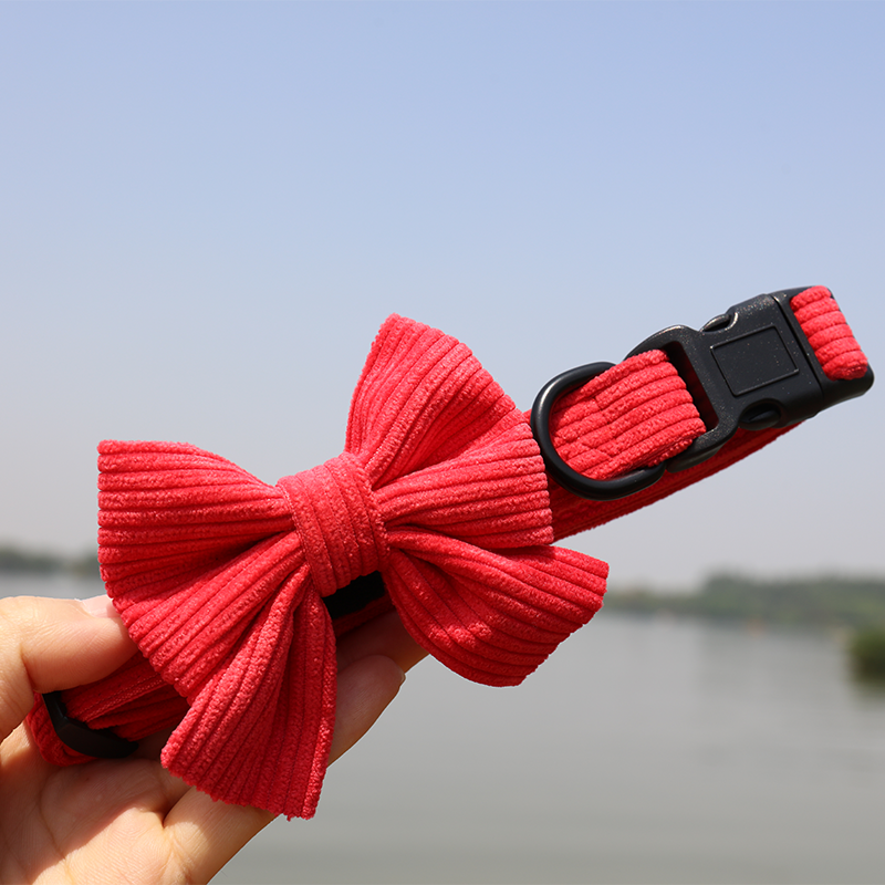 OKEYPETS - Échantillon disponible : ensemble collier, harnais, laisse et sac à déjections canines réglables en velours côtelé souple avec boucle métallique et nœud papillon. 10