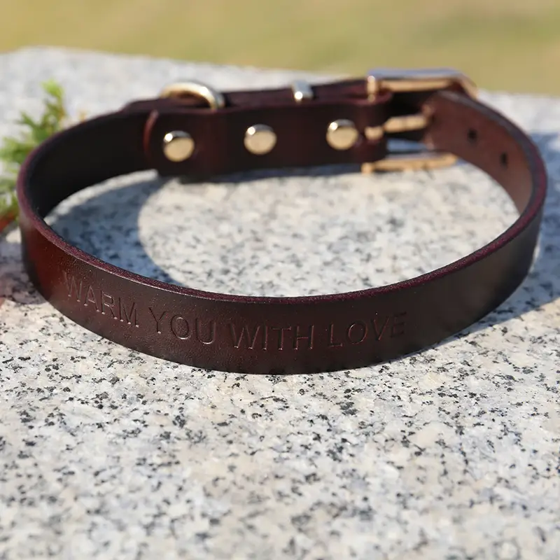 OKEYPETS - Collier pour chien OKEYPETS fait main, couleur unie marron, luxueux, ajustable, végan, véritable cuir économique, imprimé, en cuir véritable. 1