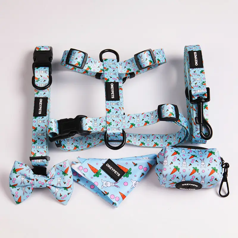 OKEYPETS - Custom Pattern Quick Release Buckle Durable Polyester Pet Leash Dog Harness Set Pet Collar Leash/Dog Harness Set 1