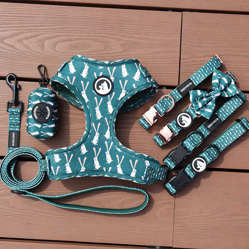OKEYPETS - OKEYPETS Designers Gilet pour animaux de compagnie Ensemble harnais personnalisé en néoprène avec nœud papillon ajustable et personnalisé, harnais anti-traction pour chien Ensemble collier et laisse pour animaux de compagnie 1