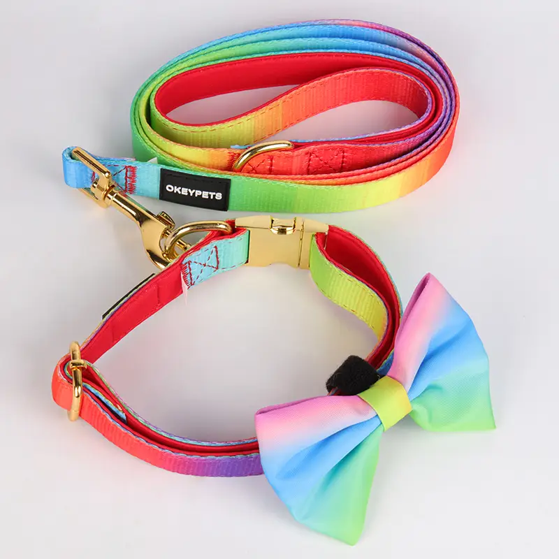 OKEYPETS - OKEYPETS Unikátny polyesterový neoprénový dvojvrstvový obojok pre psa s mäkkou a bezpečnostnou potlačou, roztomilý motýlik s vodítkom, sada obojku pre domáce zvieratá, vodítka a postroja 1